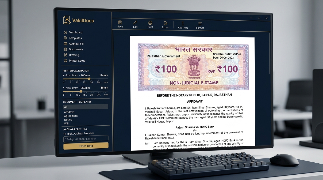 VakilDocs UI Mockup on Stamp Paper